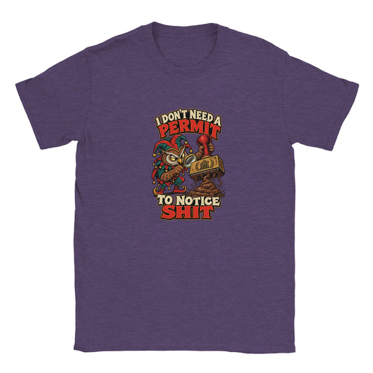 Purple T-shirt with an illustrated owl and the words “I Don’t Need a Permit to Notice Shit.”