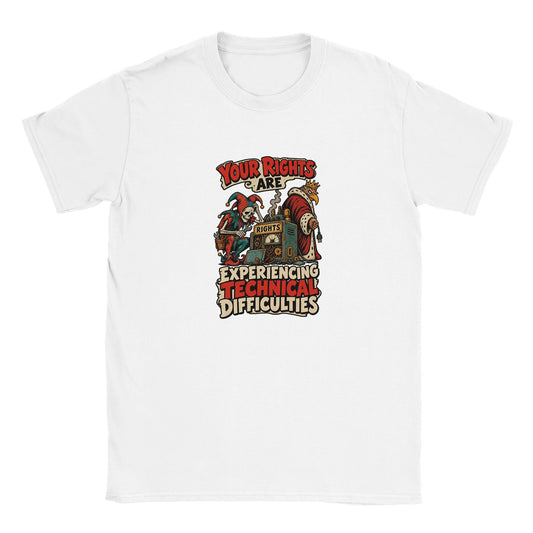 White T-shirt with a skeletal jester, crowned official, broken Rights machine, and “Your Rights Are Experiencing Technical Difficulties.”