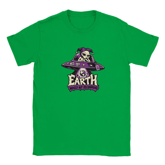 Green T-shirt with a jester-hatted alien in a purple flying saucer and the words “Earth. Would Not Recommend.”