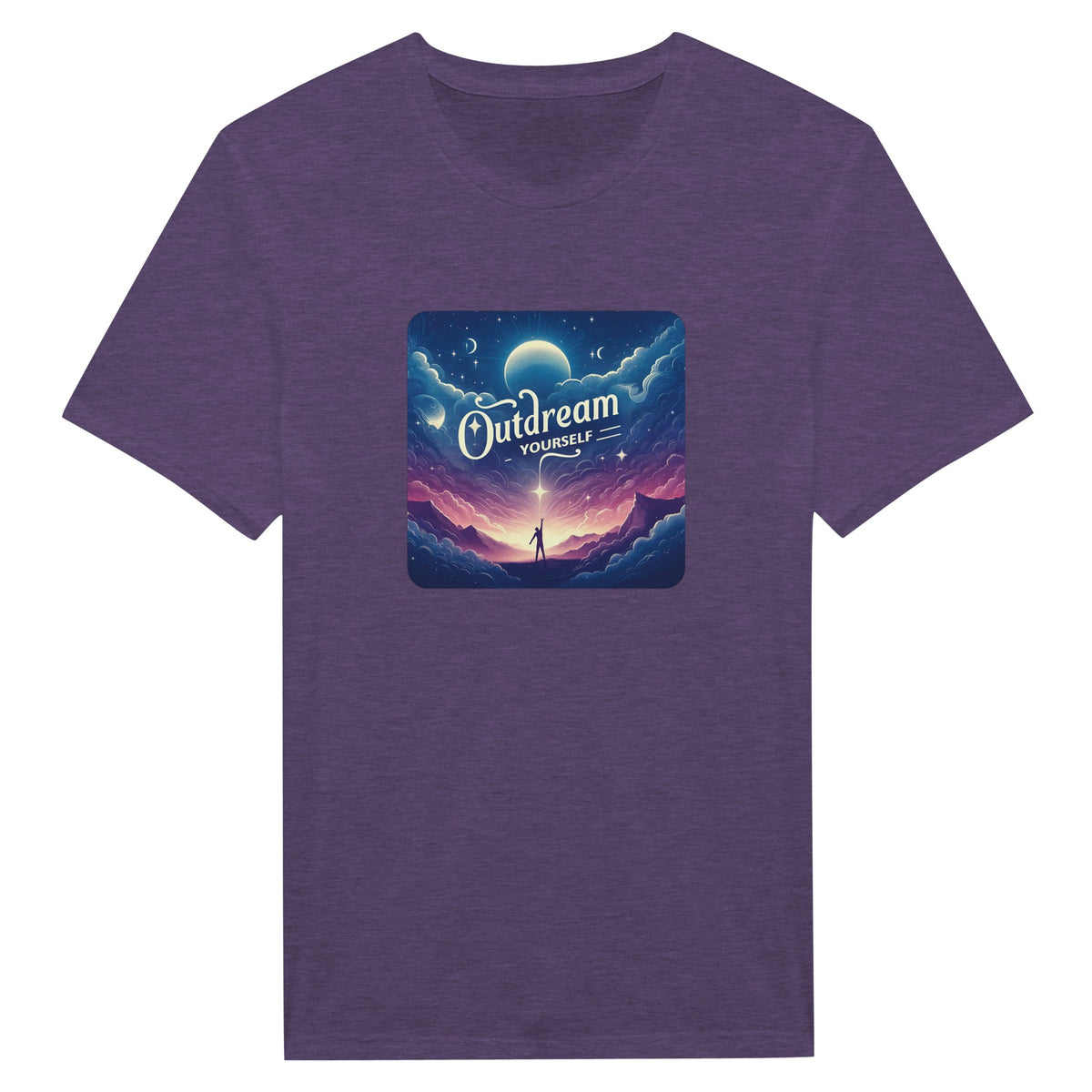 Purple T-shirt with a colorful landscape and cosmic sky graphic reading “Outdream Yourself.”