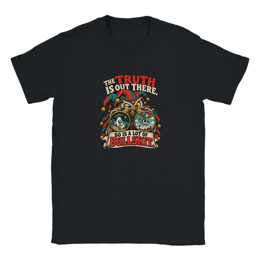 Black T-shirt with an owl-like jester, oversized lenses, and “The Truth Is Out There — So Is a Lot of Bullshit.”